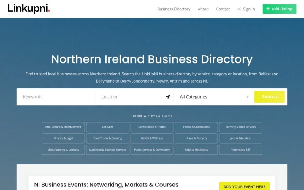 Screenshot of the LinkUp NI website homepage