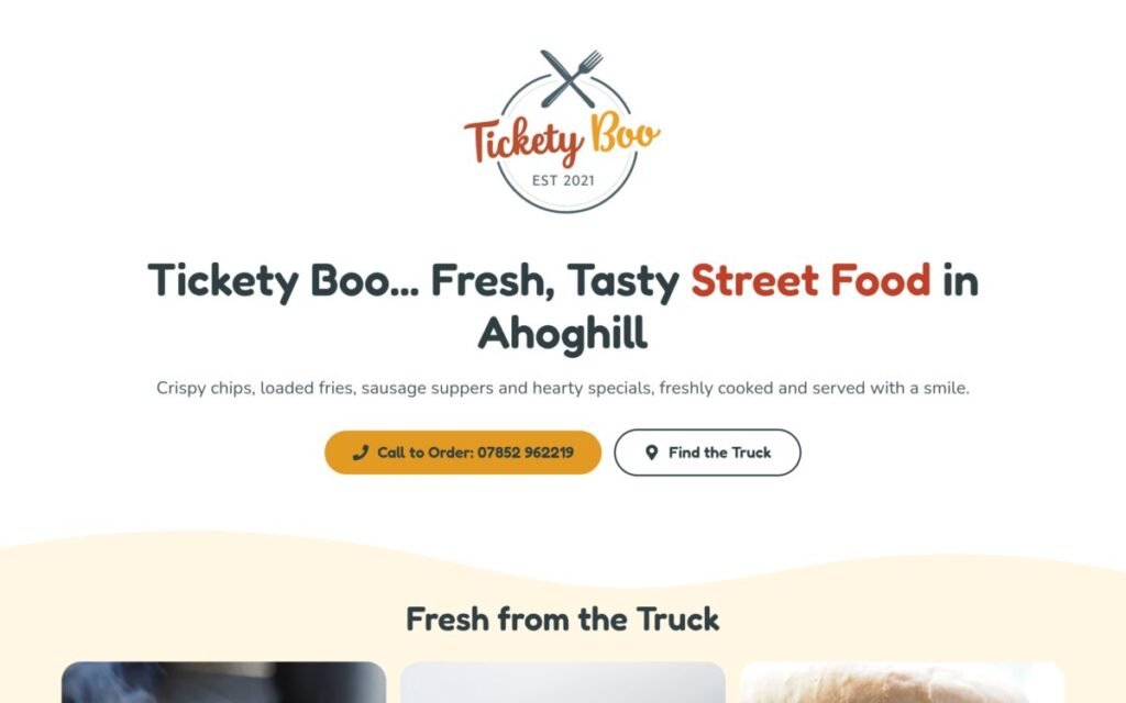 Screenshot of the Tickety Boo Takeaway website homepage